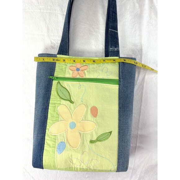 Handmade Upcycled Denim Floral Small Tote Bag Magnetic Closure Pockets Cotton - Picture 8 of 11